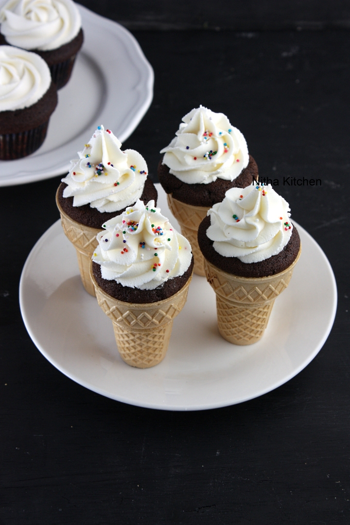 Chocolate Ice Cream Cone Cupcakes with white Chocolate Frosting