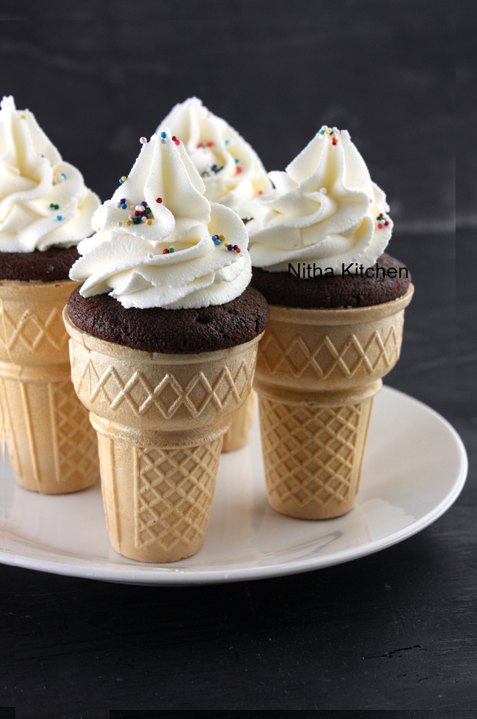 Chocolate Ice Cream Cone Cupcakes with white Chocolate Frosting