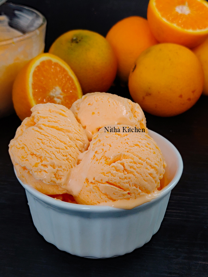 Orange Ice Cream recipe, fresh orange ice cream, no churn eggless orange ice cream recipe, no churn ice cream recipe, Eggless No Churn Orange Ice Cream Recipe